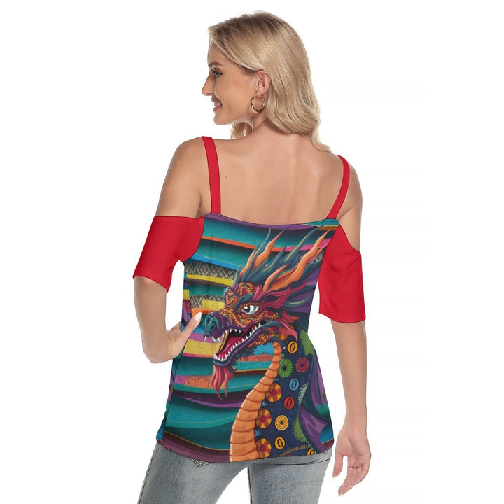 Sea Dragon Dreams women's cold shoulder t-shirt with a colorful Mexican dragon print and red short sleeves