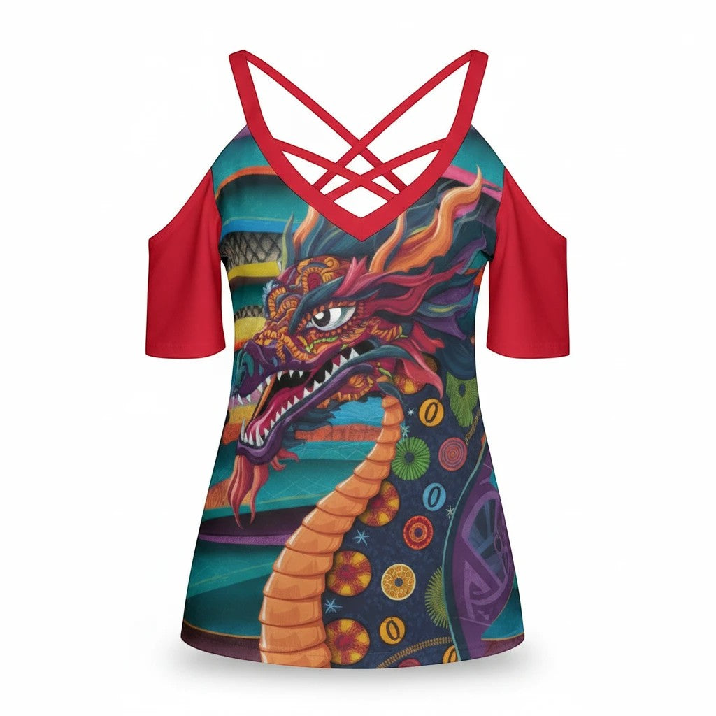 Sea Dragon Dreams women's cold shoulder t-shirt featuring a colorful Mexican dragon print, V-neck, and criss-cross straps.