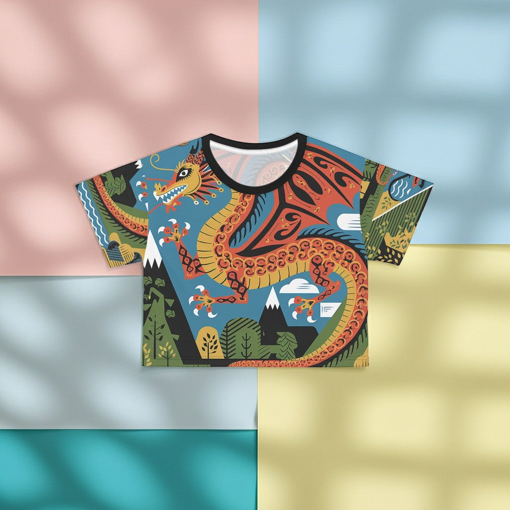 Sea Dragon Dreams crop tee featuring a vibrant Mexican folk art dragon print on a blue background