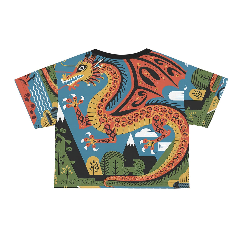 Sea Dragon Dreams crop tee featuring a vibrant Mexican folk art dragon print on a blue background, back view.