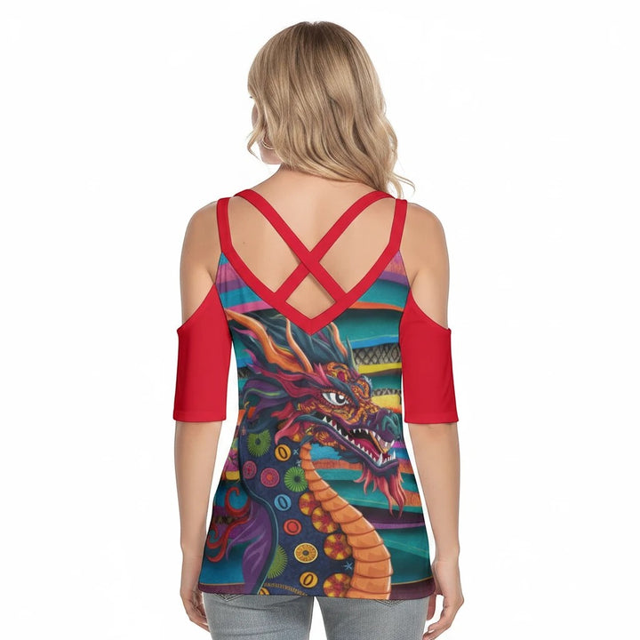 Sea Dragon Dreams women's cold shoulder t-shirt featuring a vibrant Mexican dragon print and red criss-cross straps.