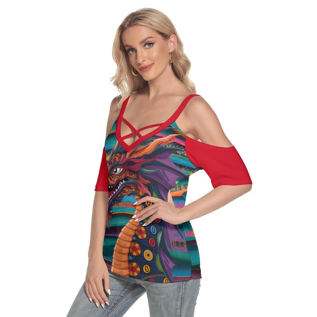 Sea Dragon Dreams cold shoulder t-shirt featuring a vibrant Mexican dragon print, V-neck, and criss-cross chest straps.