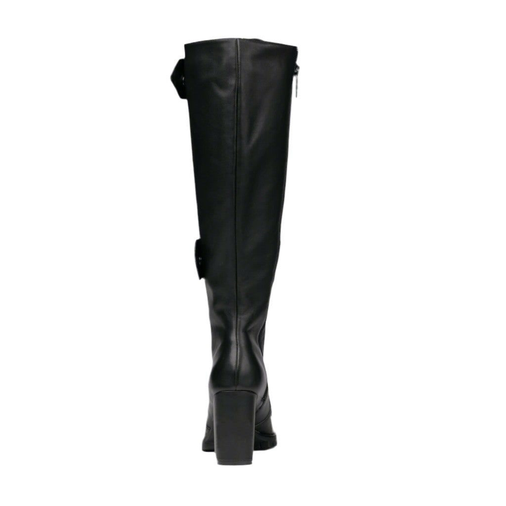 Sea Dragon Dreams Michaela V Aspen Marta black Italian leather knee-high boots, back view showing block heel.