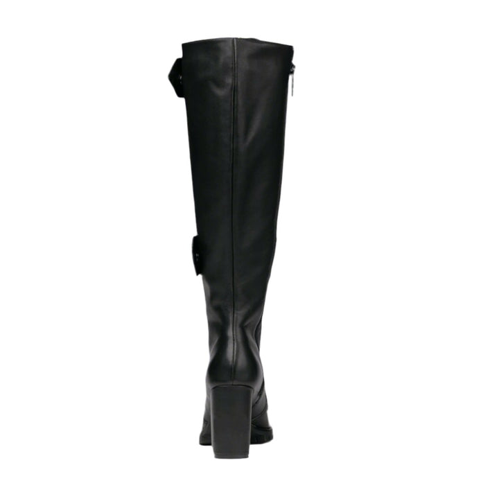 Sea Dragon Dreams Michaela V Aspen Marta black Italian leather knee-high boots, back view showing block heel.
