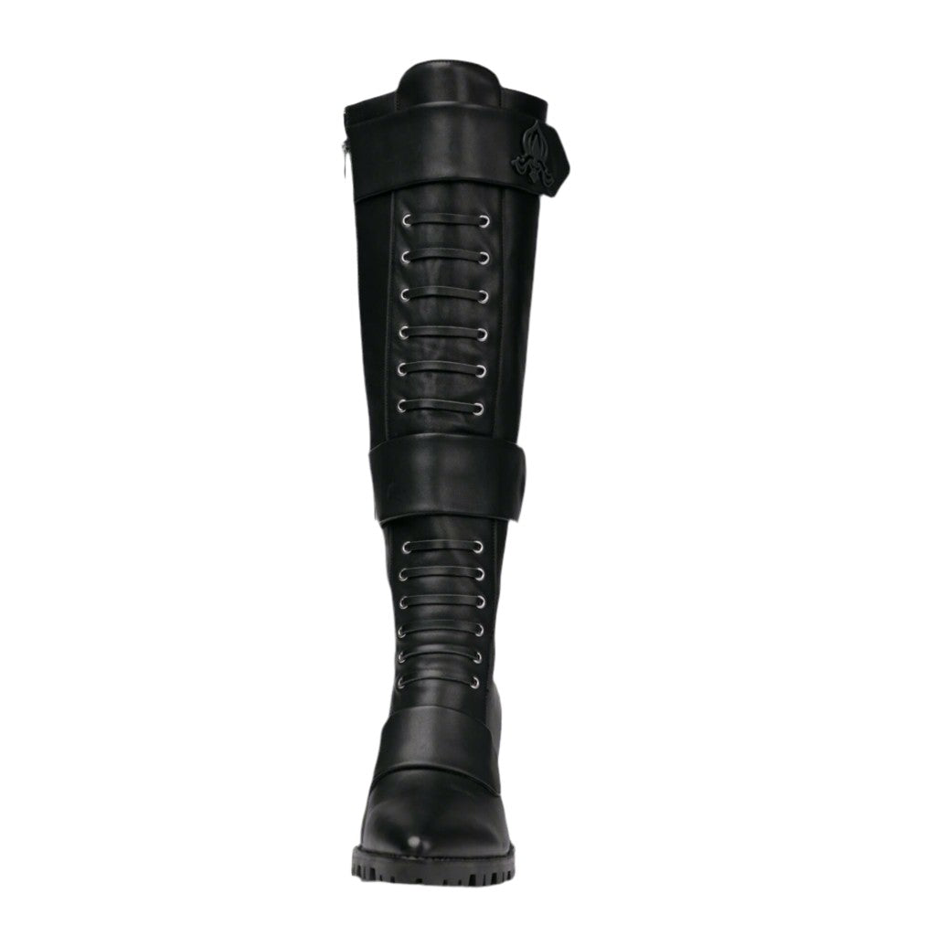 Sea Dragon Dreams Michaela V Aspen Marta black knee-high leather boots with lace-up front and buckle detail.