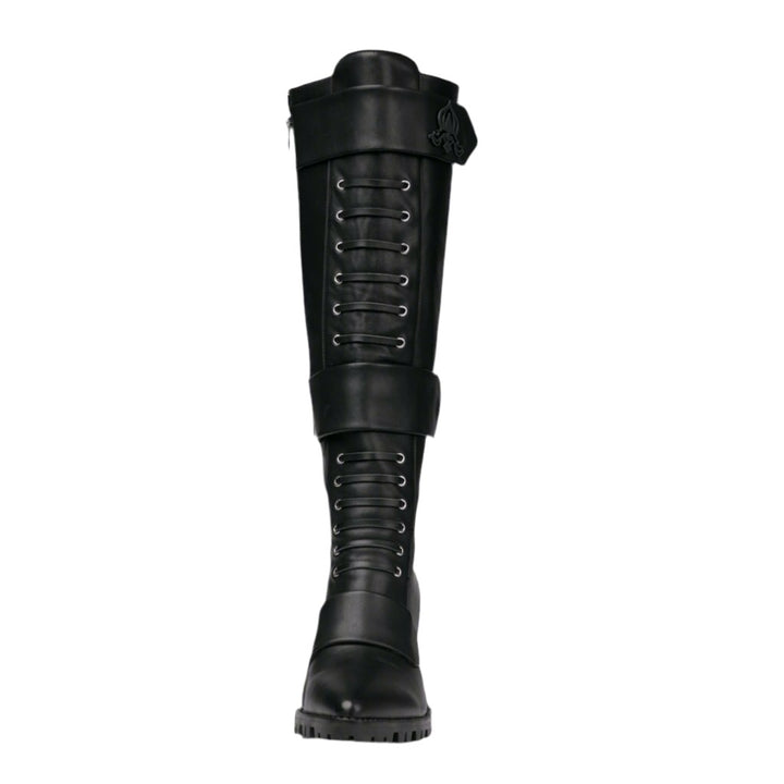 Sea Dragon Dreams Michaela V Aspen Marta black knee-high leather boots with lace-up front and buckle detail.