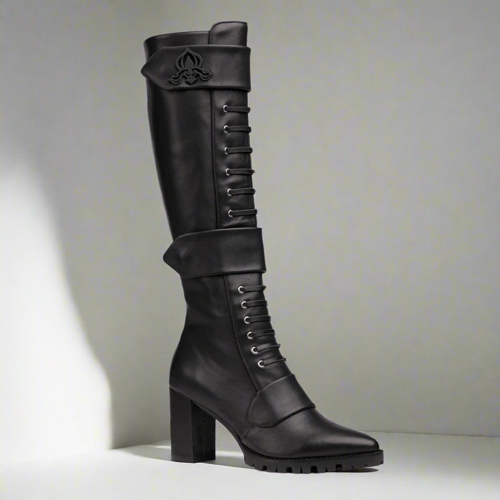 Sea Dragon Dreams Michaela V Aspen Marta black knee-high leather boots with lace-up detail and block heel