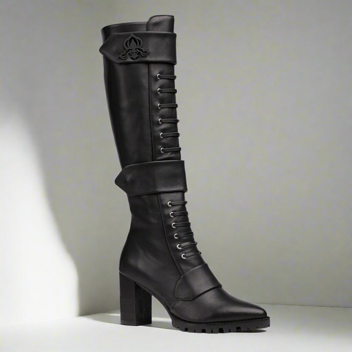 Sea Dragon Dreams Michaela V Aspen Marta black knee-high leather boots with lace-up detail and block heel