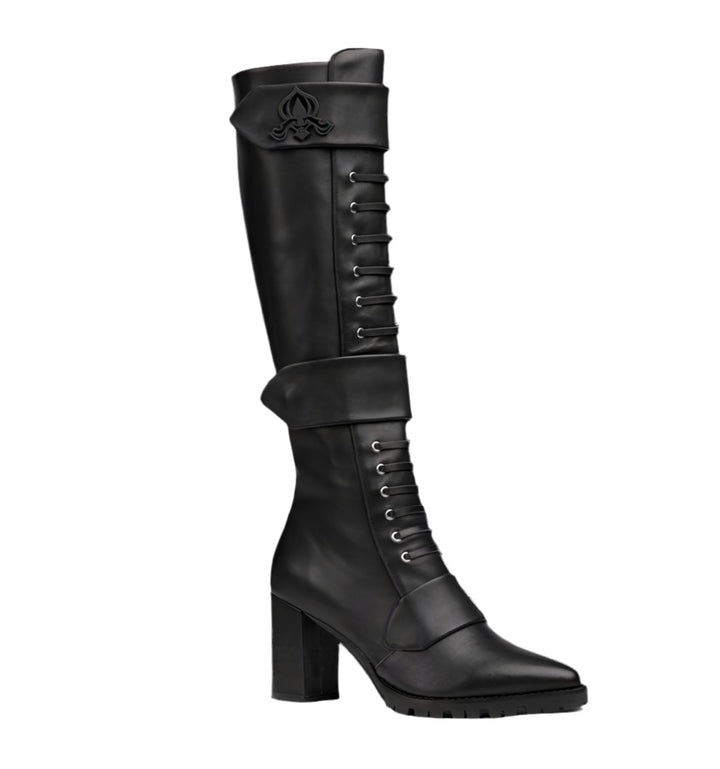 Sea Dragon Dreams Michaela V Aspen Marta black Italian leather knee-high boots with lace-up detail and block heel.