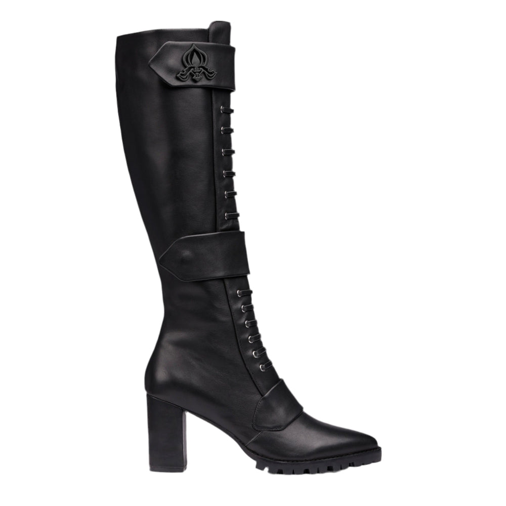 Sea Dragon Dreams Michaela V Aspen Marta black Italian leather knee-high boots with lace-up detail and block heel.