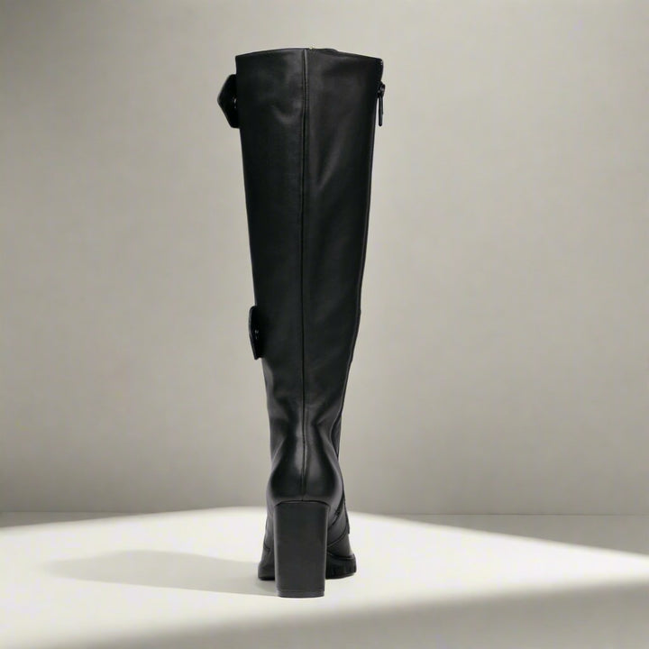 Sea Dragon Dreams Michaela V Aspen Marta black Italian leather knee-high boots, back view showing block heel.
