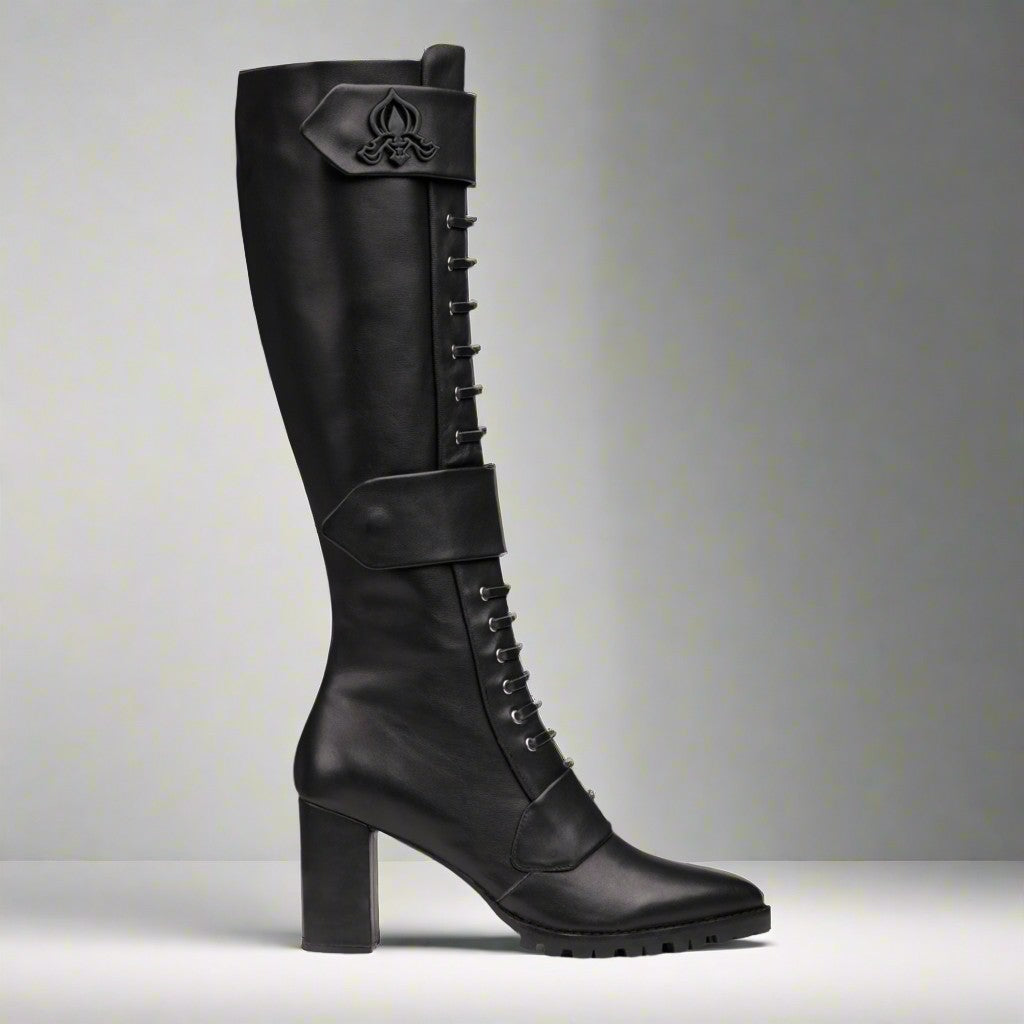 Sea Dragon Dreams Michaela V Aspen Marta black Italian leather knee-high boots with lace-up front and block heel.