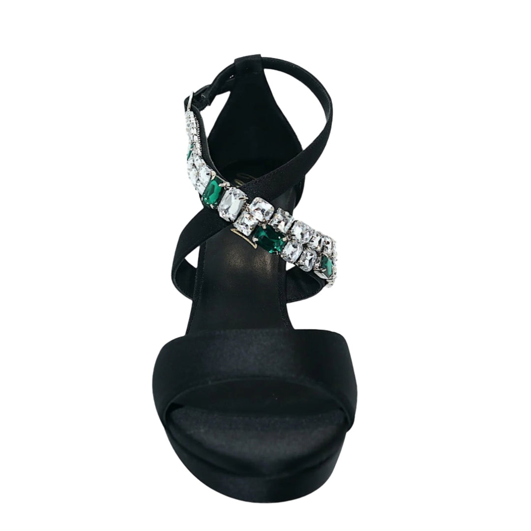 Sea Dragon Dreams Michaela V Athena black satin stiletto pump with emerald and clear crystal embellished straps