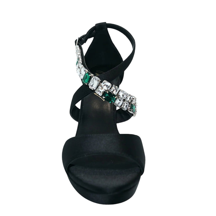 Sea Dragon Dreams Michaela V Athena black satin stiletto pump with emerald and clear crystal embellished straps