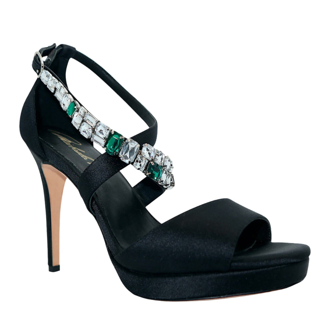 Sea Dragon Dreams Michaela V Athena black satin stiletto pump with sparkling crystal and emerald stone embellishment