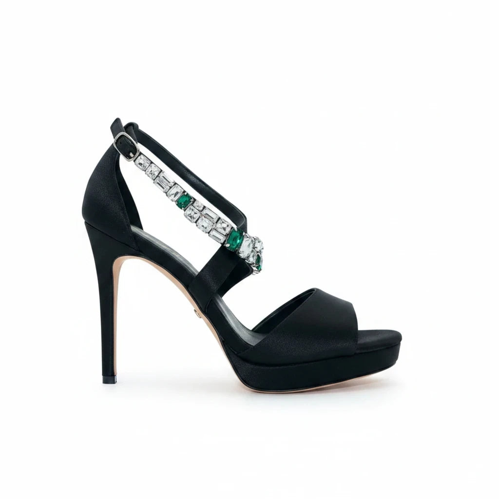 Sea Dragon Dreams Michaela V Athena black satin stiletto pumps with crystal and emerald green stone embellishment