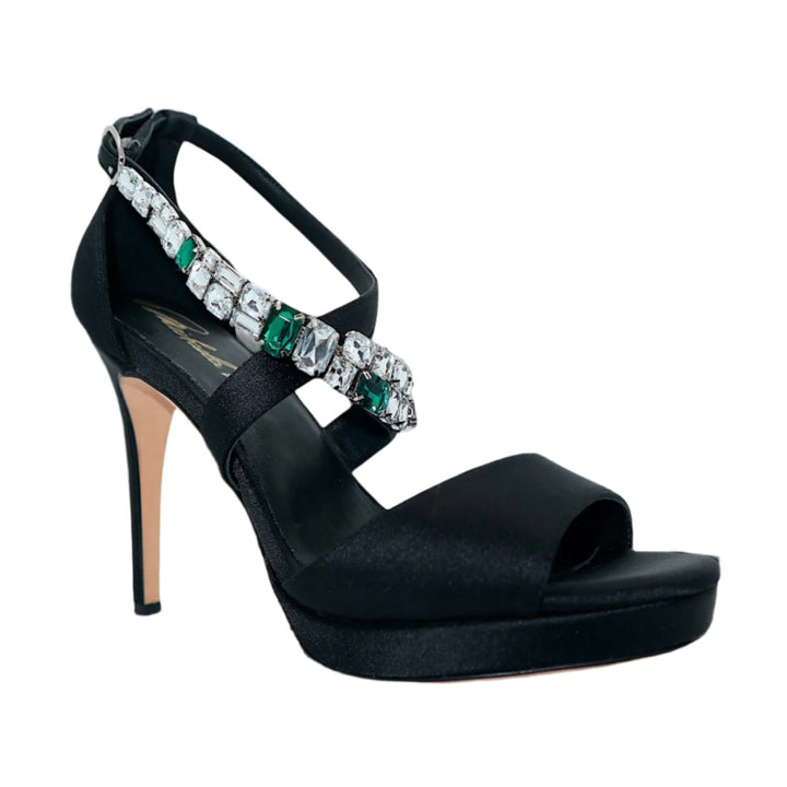 Sea Dragon Dreams Michaela V Athena black satin stiletto pump with sparkling crystal and emerald stone embellishment