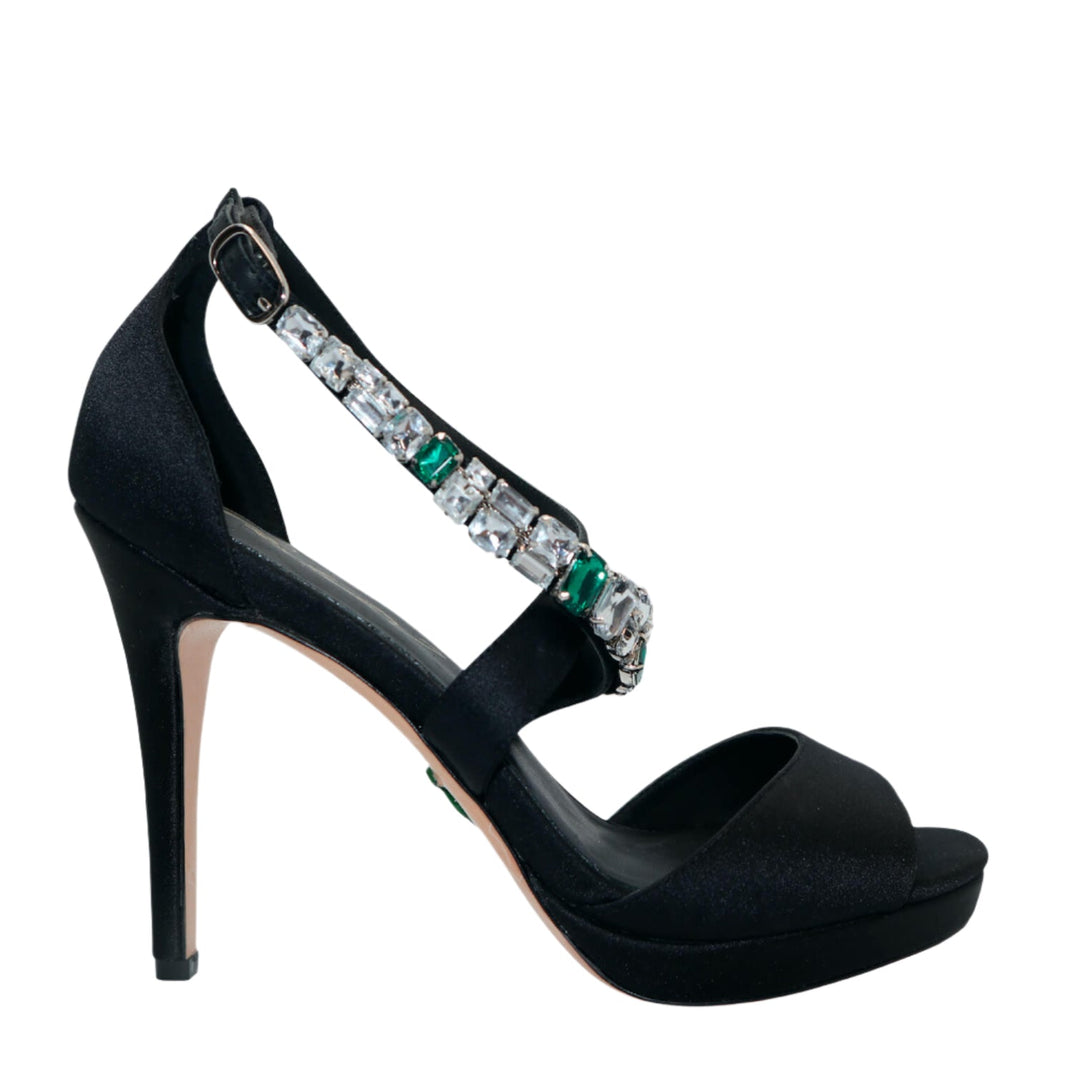 Sea Dragon Dreams Michaela V Athena black satin stiletto pumps with crystal and emerald green stone embellishments