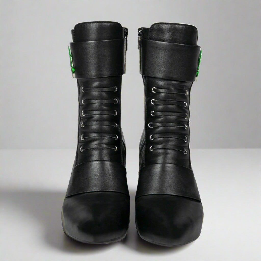Sea Dragon Dreams Michaela V Marta black leather knee-high boots with lace-up front and structured design.