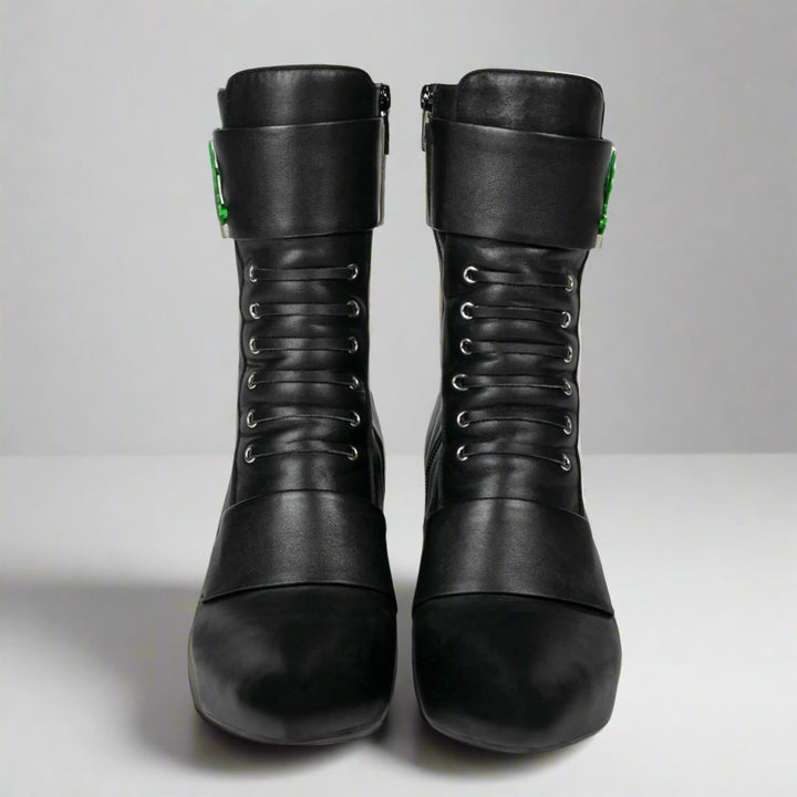 Sea Dragon Dreams Michaela V Marta black leather knee-high boots with lace-up front and structured design.