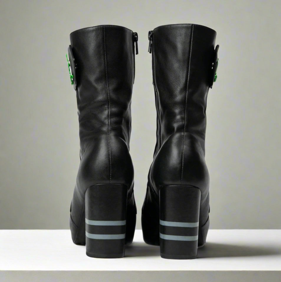 Sea Dragon Dreams Michaela V Marta black leather knee-high boots viewed from the back with block heels and side detail
