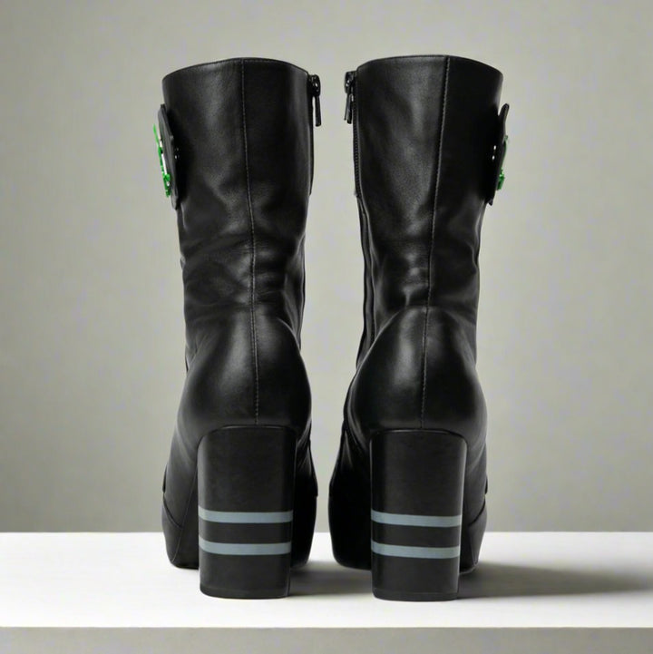 Sea Dragon Dreams Michaela V Marta black leather knee-high boots viewed from the back with block heels and side detail