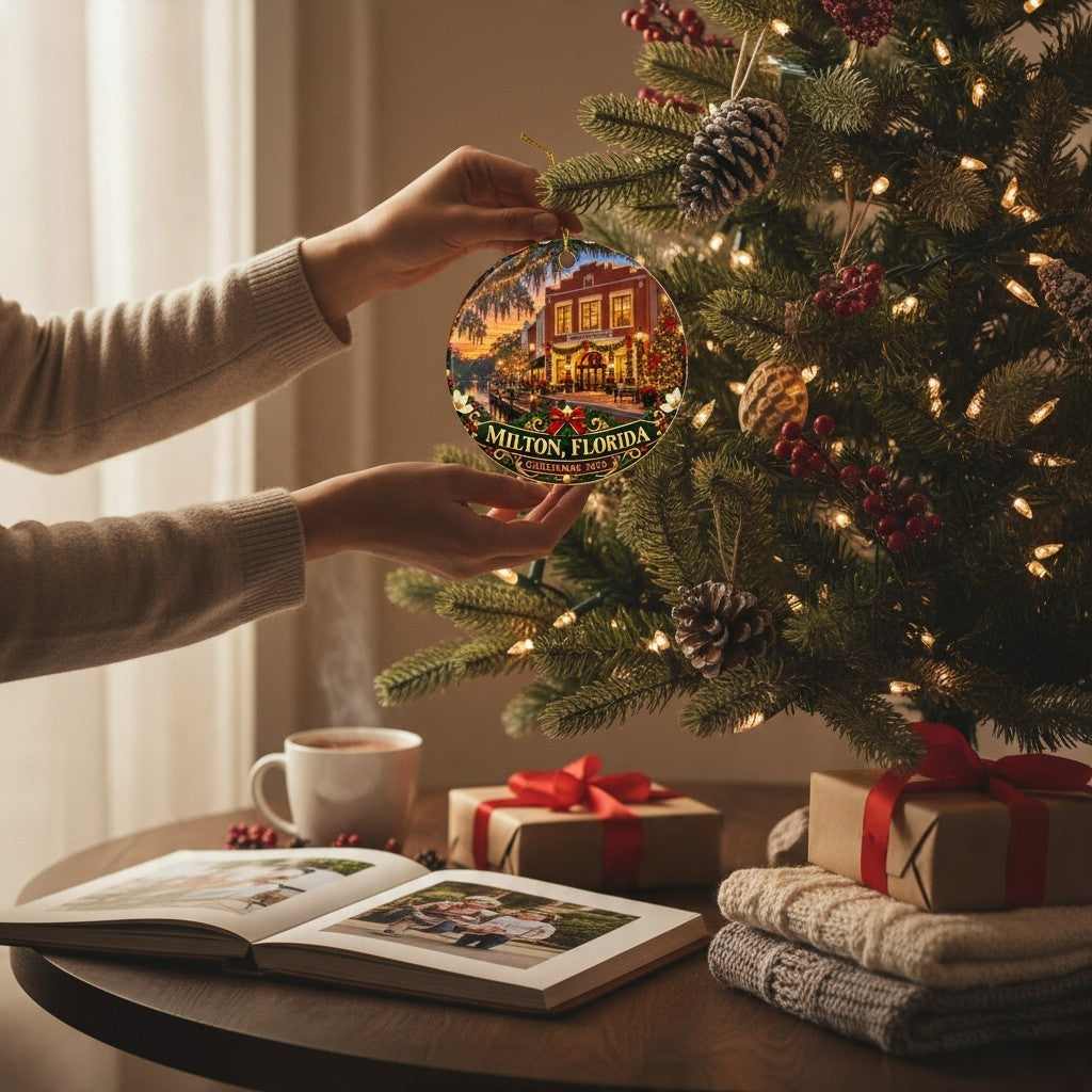 Sea Dragon Dreams ceramic ornament featuring Milton Florida Christmas 2026 artwork held in front of a decorated tree