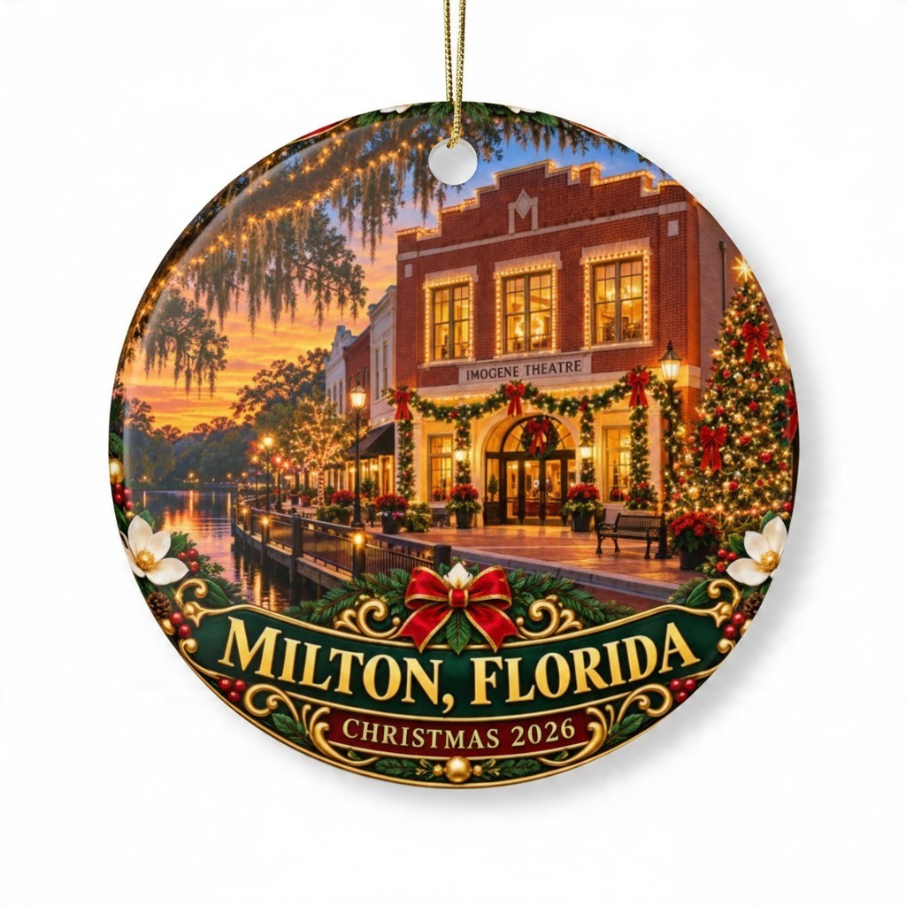 Sea Dragon Dreams round ceramic ornament featuring a festive Milton Florida Christmas 2026 scene with Imogene Theatre.