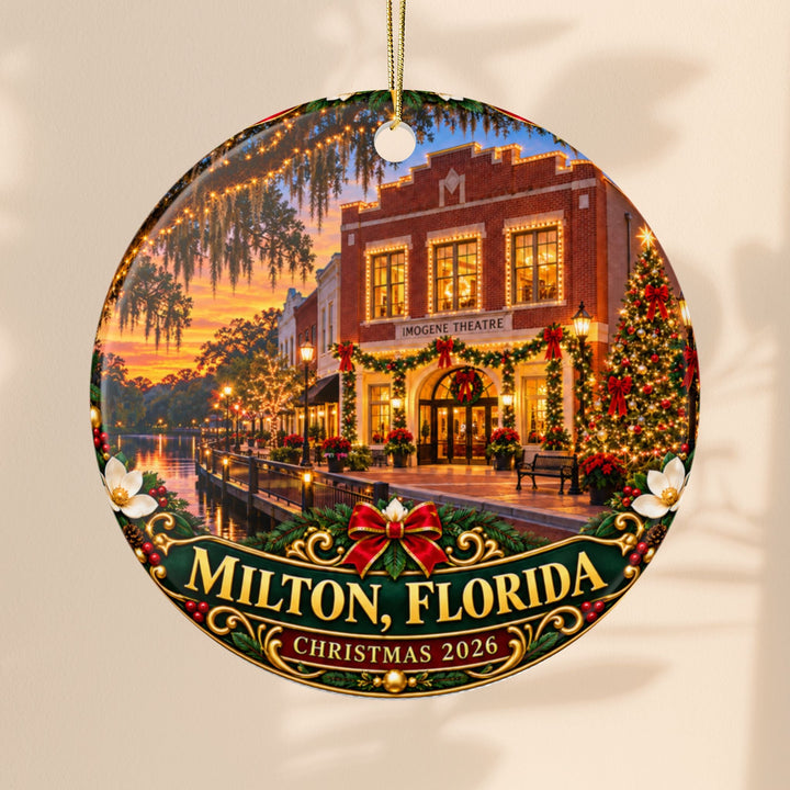 Sea Dragon Dreams round ceramic Milton Florida Christmas 2026 ornament featuring the illuminated Imogene Theatre