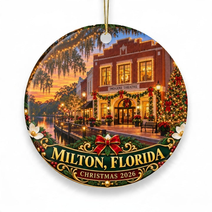 Sea Dragon Dreams round ceramic Christmas 2026 ornament featuring a festive Milton Florida Imogene Theatre scene.