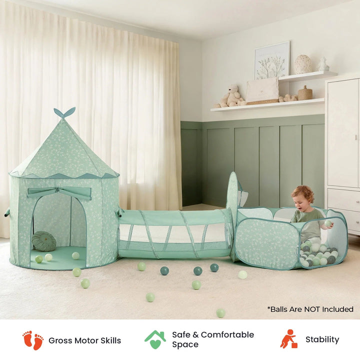 Sea Dragon Dreams 3-in-1 play tunnel set in mint green with white floral print, featuring a tent, tunnel, and ball pit.