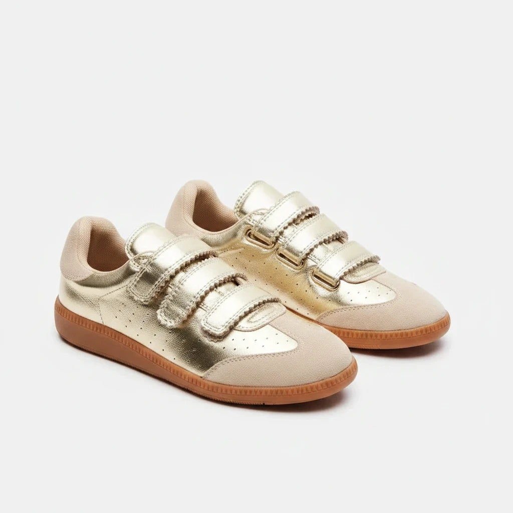 Sea Dragon Dreams Steve Madden Momentum gold metallic sneakers with velcro straps and beige suede detailing.