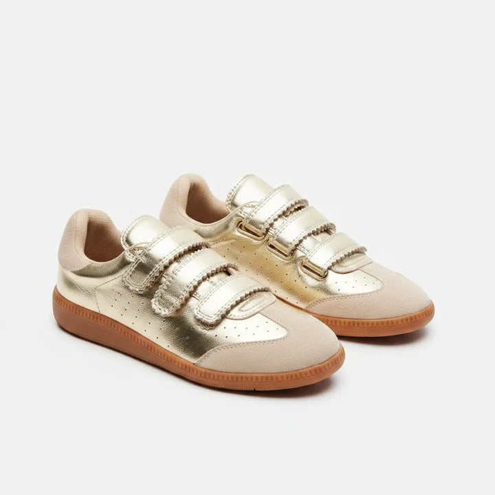 Sea Dragon Dreams Steve Madden Momentum gold metallic sneakers with velcro straps and beige suede detailing.