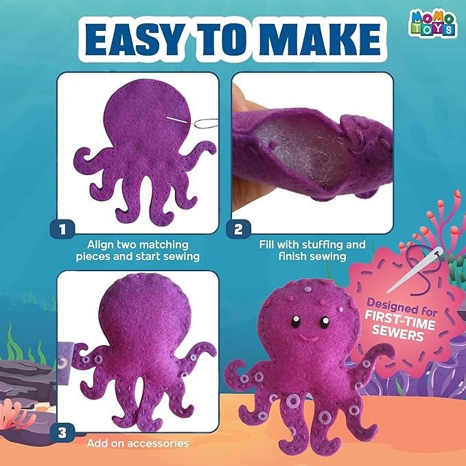 Sea Dragon Dreams MOMOTOYS felt octopus sewing tutorial showing steps to align, stuff, and decorate the plush craft.