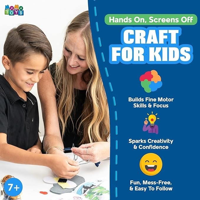 Sea Dragon Dreams MOMOTOYS mermaid sewing kit for kids with a mother and son crafting together at a table