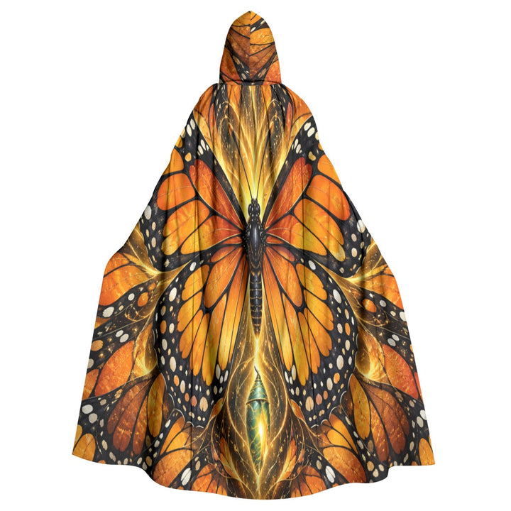 Sea Dragon Dreams monarch butterfly wing hooded cloak with vibrant orange and black patterns for cosplay or festivals