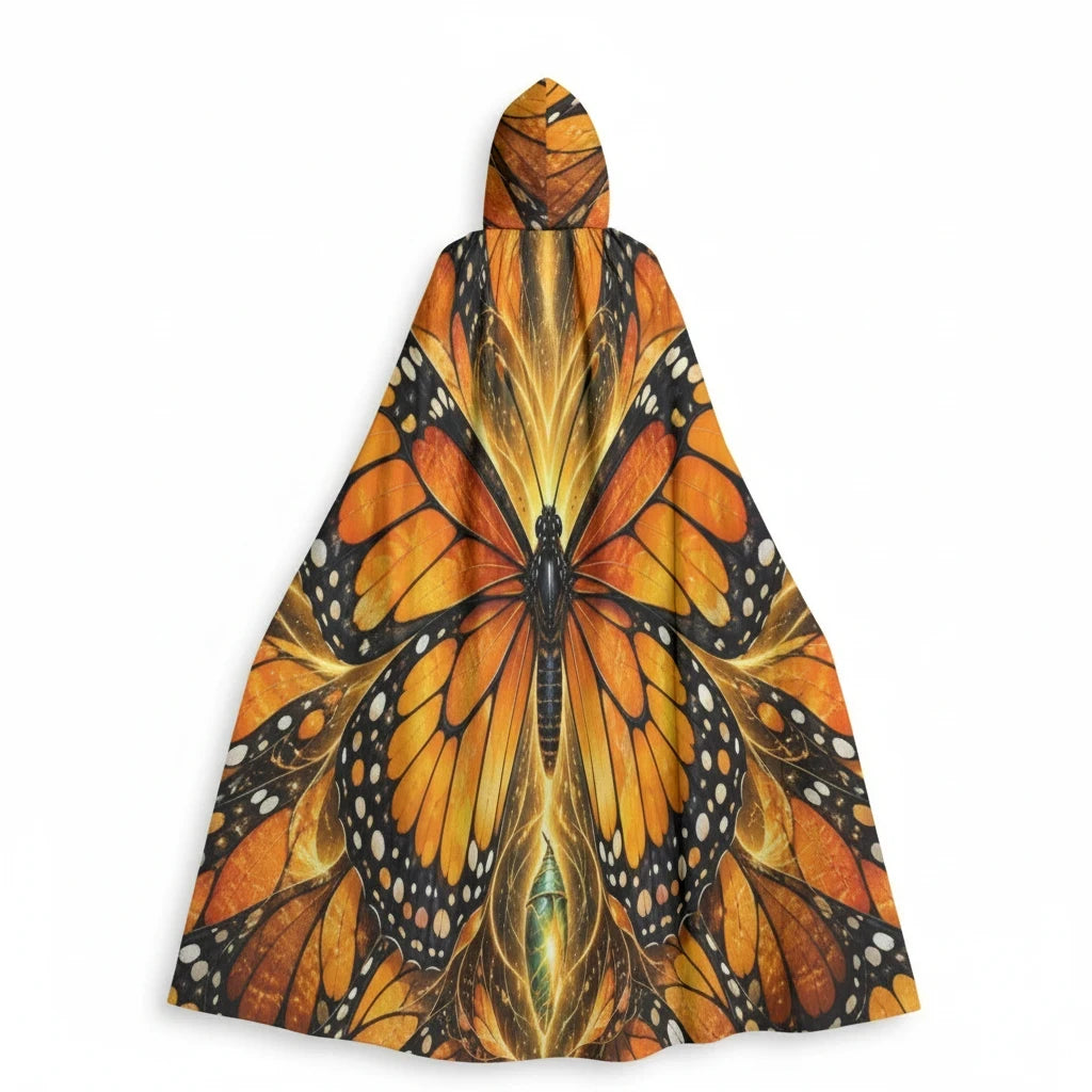 Sea Dragon Dreams unisex hooded cloak featuring a vibrant orange and black monarch butterfly wing pattern.