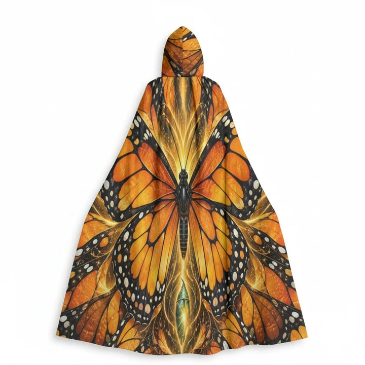 Sea Dragon Dreams unisex hooded cloak featuring a vibrant orange and black monarch butterfly wing pattern.