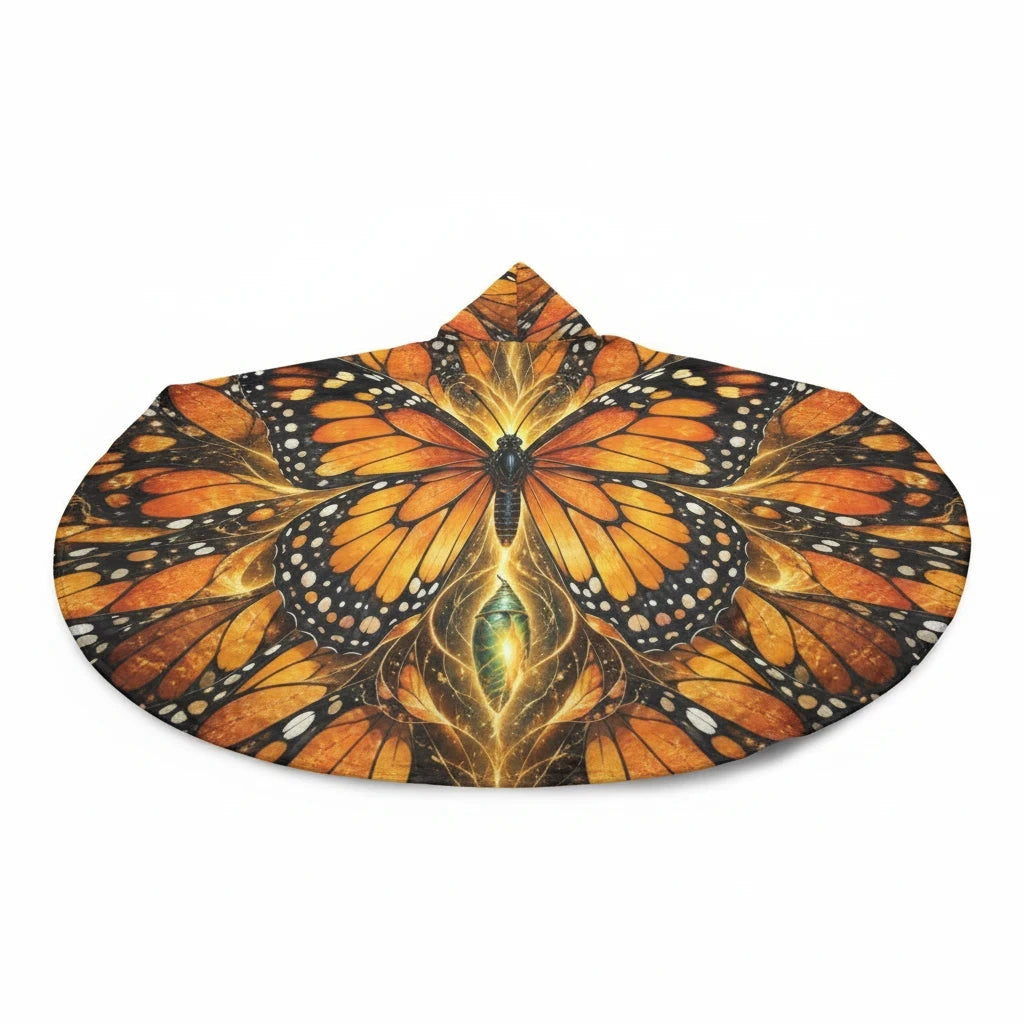 Sea Dragon Dreams monarch butterfly wing hooded cloak with vibrant orange and black patterns on a flowing fabric.