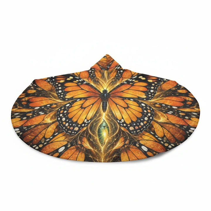 Sea Dragon Dreams monarch butterfly wing hooded cloak with vibrant orange and black patterns on a flowing fabric.
