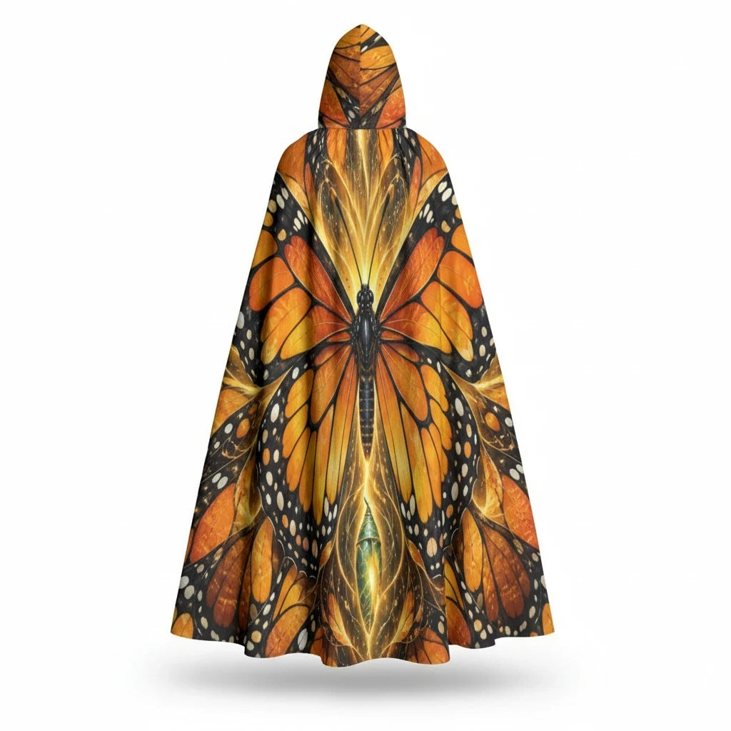 Sea Dragon Dreams unisex hooded cloak featuring a vibrant orange and black monarch butterfly wing pattern