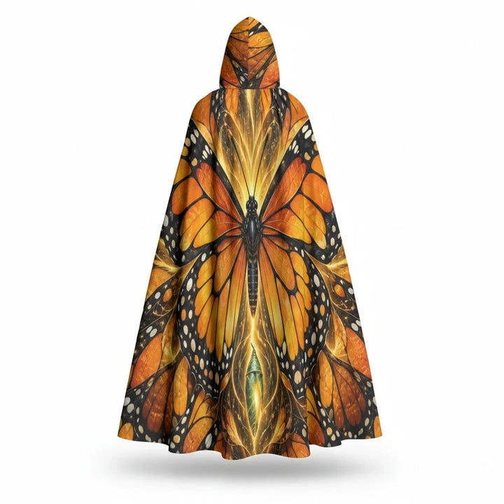Sea Dragon Dreams unisex hooded cloak featuring a vibrant orange and black monarch butterfly wing pattern