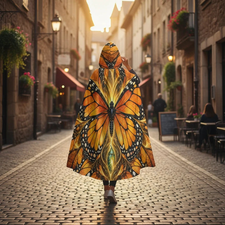 Sea Dragon Dreams unisex hooded cloak featuring a vibrant orange and black monarch butterfly wing pattern on a street