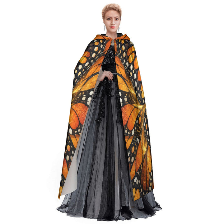 Sea Dragon Dreams monarch butterfly wing hooded cloak worn by a model over a black formal gown for cosplay