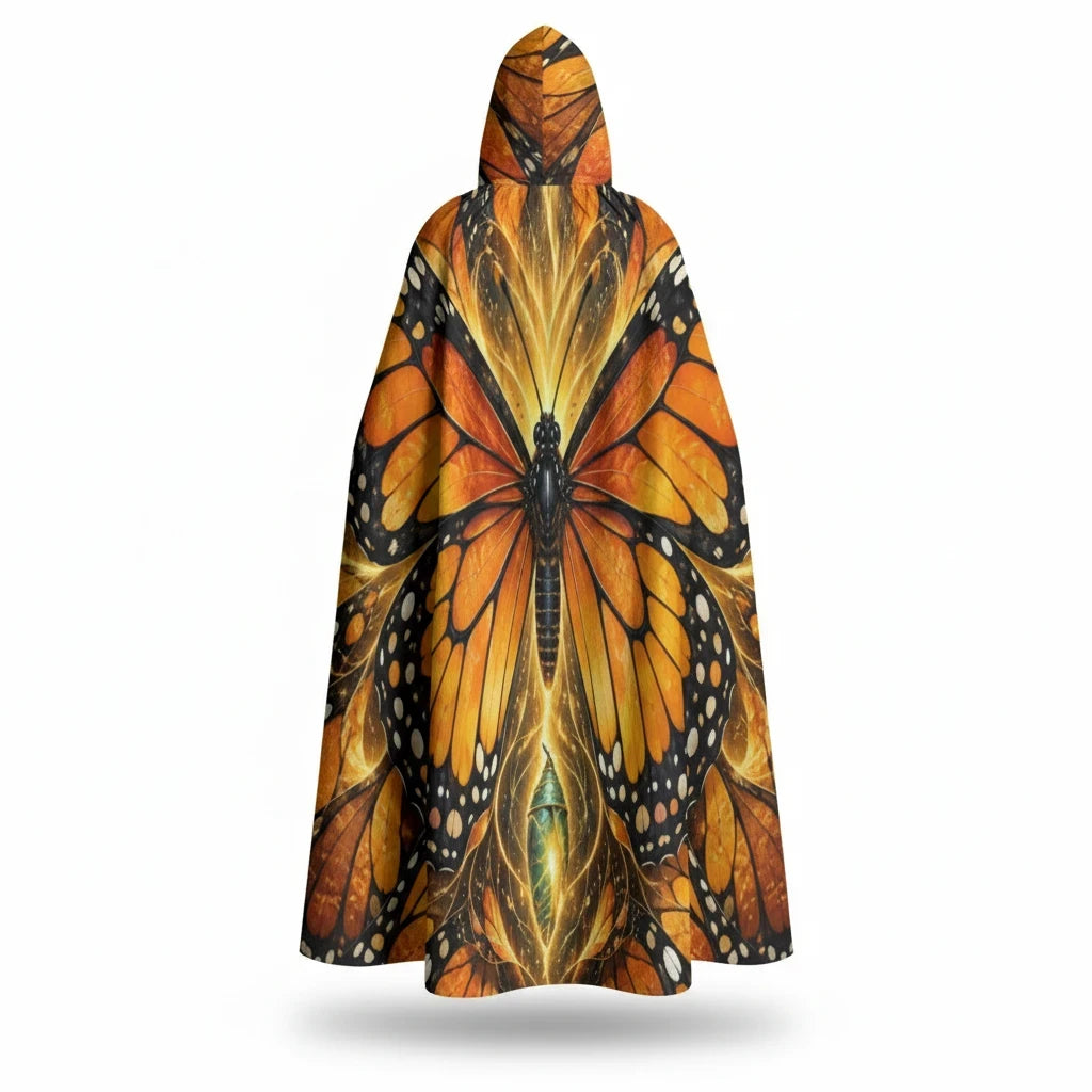 Sea Dragon Dreams unisex hooded cloak featuring a vibrant orange and black monarch butterfly wing pattern.