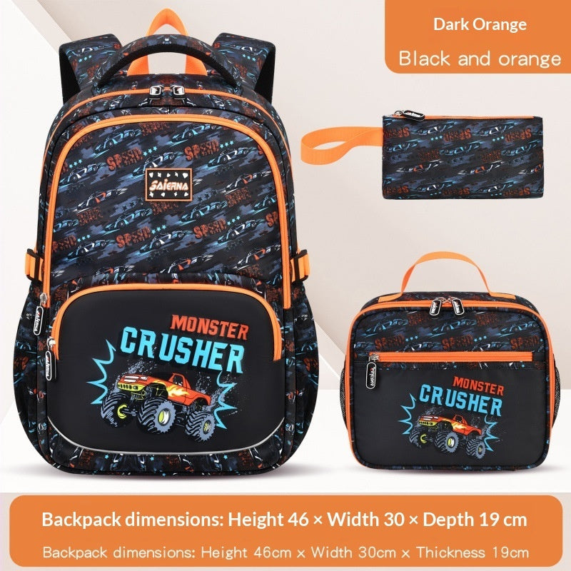 Sea Dragon Dreams black and orange monster truck print backpack set with matching lunch bag and pencil case