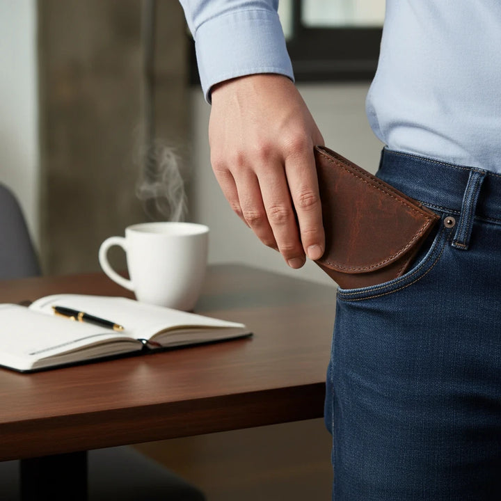 Sea Dragon Dreams Nantucket moose leather front pocket wallet being placed into a blue jeans pocket