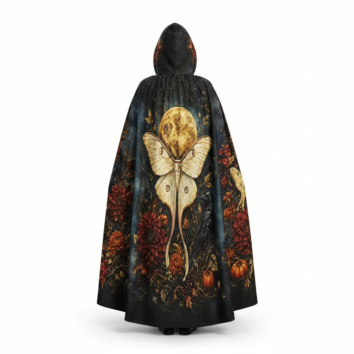 Sea Dragon Dreams unisex hooded cloak featuring a moth, full moon, and autumn flowers in a dark fantasy print.