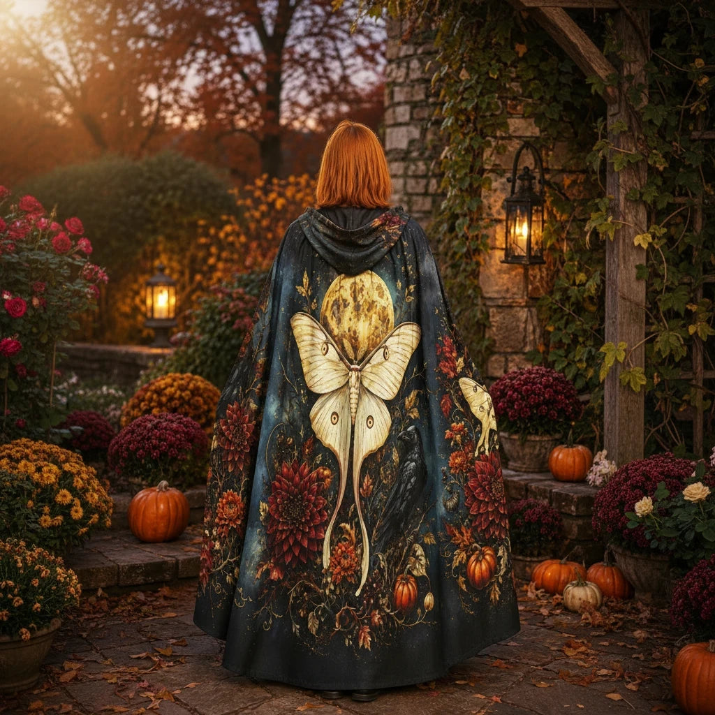 Sea Dragon Dreams unisex hooded cloak featuring a moth and moon print in a dark autumn garden setting.