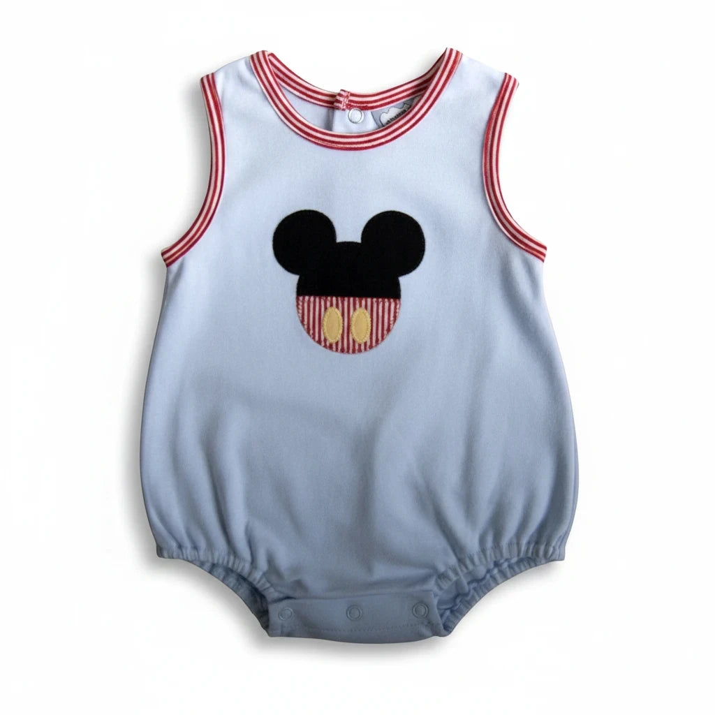 Sea Dragon Dreams light blue baby boy bubble romper with a mouse appliqué and red striped trim details.
